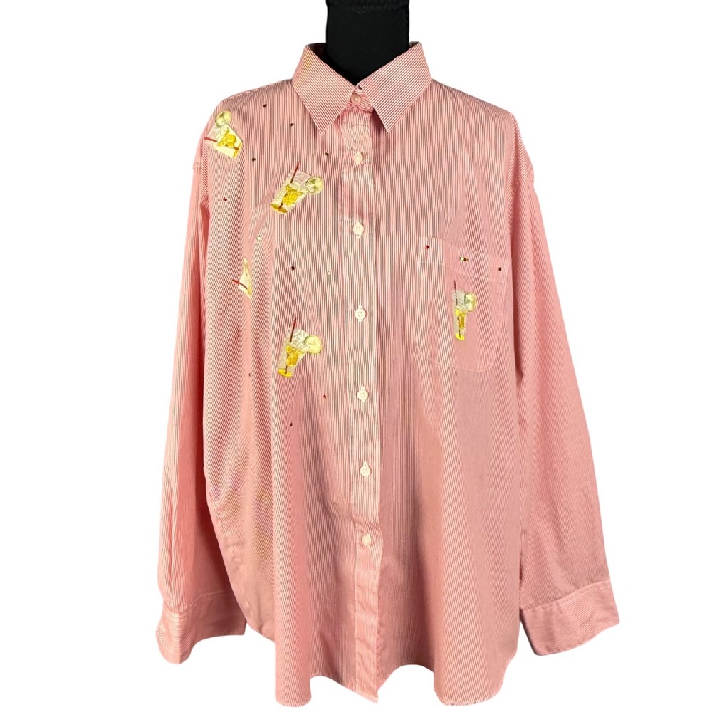 Las Olas Red Pinstripe Embroidered Cocktail Shirt XL Long Sleeve Button Down Top